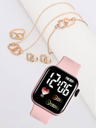 6 قطع/مجموعة - 1 ساعة عصابة رقمية LED سيليكون + 5 قطع طقم مجوهرات ، ملحقات مجوهرات من معدن مريحة وصديقة للبشرة ، مناسبة للارتداء اليومي والإجازات