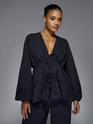 MISSGUIDED مجموعة بلوزة بنمط الخطوط الرفيعة والبنطلون الواسع الساق، بدلة عمل رسمية، مجموعة ملابس مكتبية محترفة للخريف والشتاء