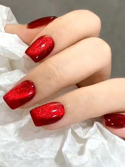 96 قطعة أظافر صناعية مربعة قصيرة لامعة باللون الأحمر والبيج والوردي والأزرق والبنفسجي مع بريق وطبعات عيون القطط، تغطية كاملة للأظافر الاصطناعية القابلة لإعادة الاستخدام، للنساء والفتيات