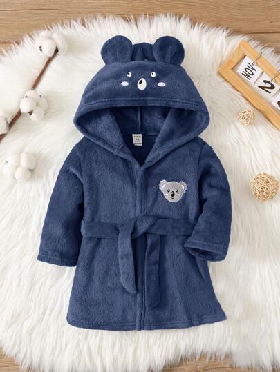 SHEIN رداء استحمام فلانيلي طويل الأكمام مزين بطباعة أشكال حيوانات كيوت مع كابور للأطفال الصغار، للخريف والشتاء