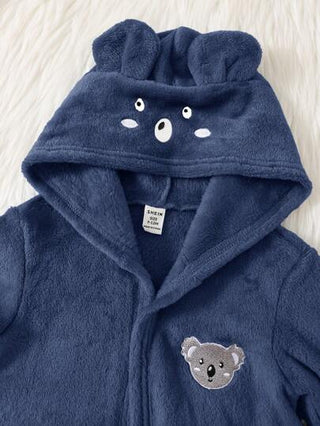 SHEIN رداء استحمام فلانيلي طويل الأكمام مزين بطباعة أشكال حيوانات كيوت مع كابور للأطفال الصغار، للخريف والشتاء