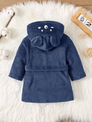 SHEIN رداء استحمام فلانيلي طويل الأكمام مزين بطباعة أشكال حيوانات كيوت مع كابور للأطفال الصغار، للخريف والشتاء