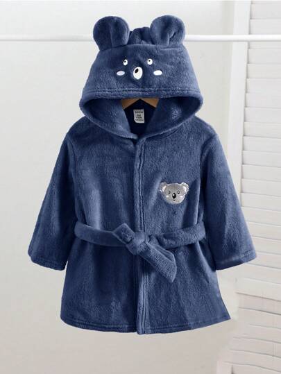 SHEIN رداء استحمام فلانيلي طويل الأكمام مزين بطباعة أشكال حيوانات كيوت مع كابور للأطفال الصغار، للخريف والشتاء