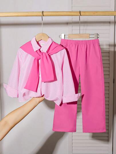 تيشيرتات بناتي Genkimix Kids طقم ملابس عادي لفتيات مراهقات من قطعتين - قميص أكمام طويلة مخطط بأزرار وبنطلون ، خريف