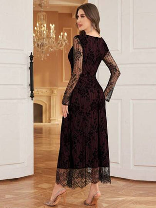 Modelyn فستان ماكسي أنيق أنثوي طويل الأكمام برقبة مربعة من الدانتيل باللون البوردو، فستان سهرة طويل للنساء