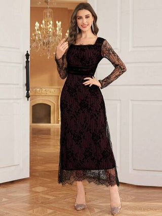 Modelyn فستان ماكسي أنيق أنثوي طويل الأكمام برقبة مربعة من الدانتيل باللون البوردو، فستان سهرة طويل للنساء