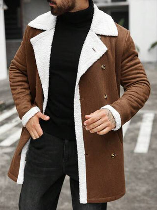 Manfinity CasualCool معطف رجالي كاجوال ذو ياقة سميكة مزدوجة الصدر بتصميم ألوان متناقضة، معطف طويل الأكمام مناسب للخروج في فصلي الخريف والشتاء، هدية مناسبة للأصدقاء والأزواج والحبيب