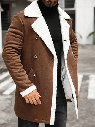 Manfinity CasualCool معطف رجالي كاجوال ذو ياقة سميكة مزدوجة الصدر بتصميم ألوان متناقضة، معطف طويل الأكمام مناسب للخروج في فصلي الخريف والشتاء، هدية مناسبة للأصدقاء والأزواج والحبيب