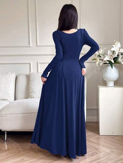 Mulvari فستان طويل كاجوال للنساء بأكمام طويلة وخصر واضح بلون أحادي