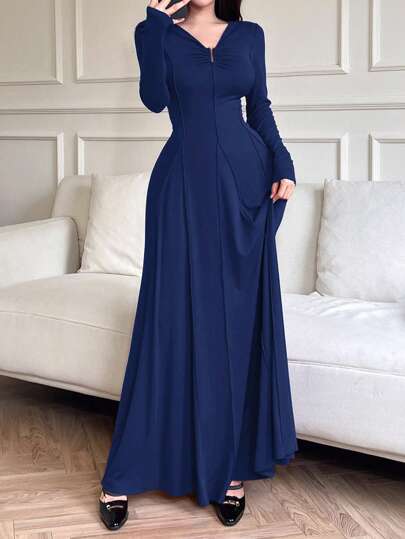 Mulvari فستان طويل كاجوال للنساء بأكمام طويلة وخصر واضح بلون أحادي