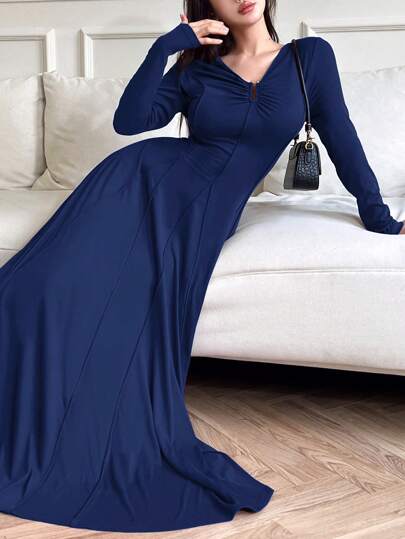 Mulvari فستان طويل كاجوال للنساء بأكمام طويلة وخصر واضح بلون أحادي