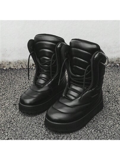 بوت ثلج عالية الرقبة للرجال من طراز الشارع الأمريكي الفريد، نمط رباط علوي، مقاومة للماء، بوت منصة شخصي بنعل سميك وخفيف الوزن عالي الجودة بتصميم الخبز، مقاس صغير لذا يرجى طلب مقاس أكبر بمقدار مقاس واحد