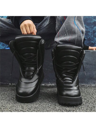 بوت ثلج عالية الرقبة للرجال من طراز الشارع الأمريكي الفريد، نمط رباط علوي، مقاومة للماء، بوت منصة شخصي بنعل سميك وخفيف الوزن عالي الجودة بتصميم الخبز، مقاس صغير لذا يرجى طلب مقاس أكبر بمقدار مقاس واحد