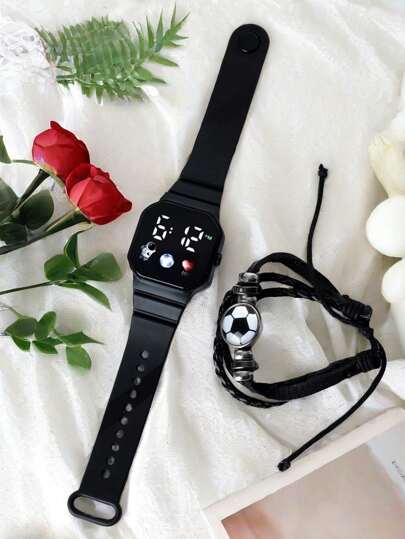 مجموعة من 2 قطع: ساعة رقمية LED + 1 سوار رياضي (كرة قدم/كرة سلة/ريشة/كرة طائرة/بيسبول) مدبب ، تصميم بسيط ، سوار هدية تذكارية إبداعية للمعجبين بالرياضة ، رواد الفضاء ، كرة القدم ، كرة السلة ، قلب