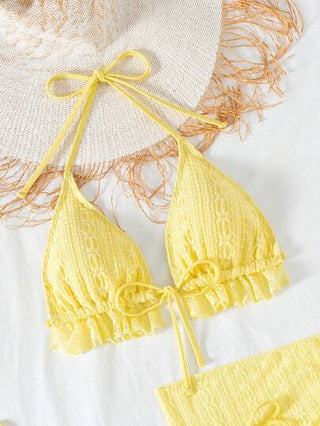 Swim Mod 3 قطعة / مجموعة بكيني سيدات منقوش بألوان الصيف العادية، قطعتين مزينتين بكشكشة للاصطياف والشاطئ