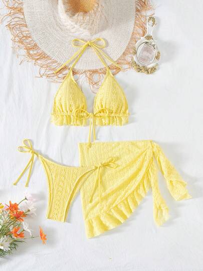 Swim Mod 3 قطعة / مجموعة بكيني سيدات منقوش بألوان الصيف العادية، قطعتين مزينتين بكشكشة للاصطياف والشاطئ