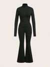 SHEIN EZwear مجموعة الملابس الرياضية للنساء تشمل جاكيت أسود مزود بسحاب و بنطال ضيق بقدم واسعة