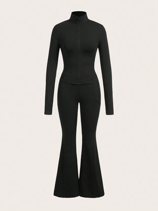 SHEIN EZwear مجموعة الملابس الرياضية للنساء تشمل جاكيت أسود مزود بسحاب و بنطال ضيق بقدم واسعة