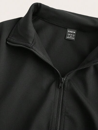 SHEIN EZwear مجموعة الملابس الرياضية للنساء تشمل جاكيت أسود مزود بسحاب و بنطال ضيق بقدم واسعة