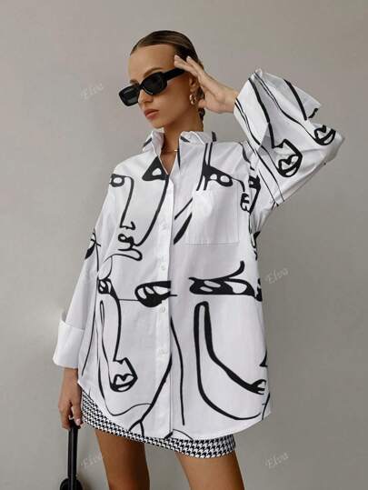 QIANZHIDU قميص بناتي بطبعة الوجه مريح وفضفاض بأكمام طويلة مناسب للأعمال والمقابلات والارتداء اليومي، شعور مريح وبسيط للربيع والصيف والخريف