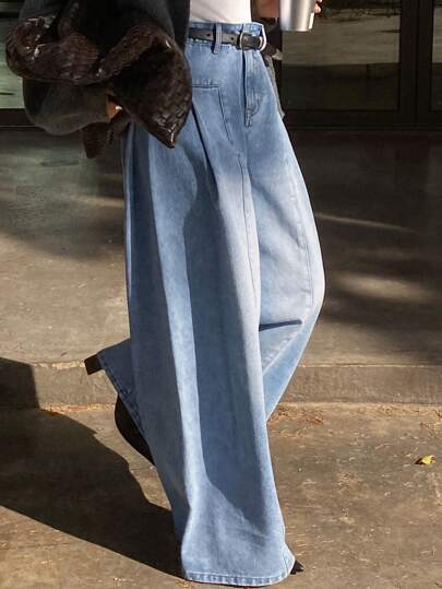 Livesso سراويل جينز سيدات بساقين واسعة، متجعدة، قابلة للاستخدام العصرية اليومية