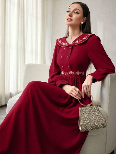 Modelyn فستان أمسيات طويل ذو أكمام طويلة من لون واحد أنيق مزين بالخرز المطرز