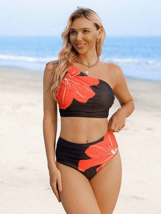 طقم تانكيني حريمي Swim Lushoire ملابس علوية كاجوال بحمالات مكرمشة بتصميم أزهار استوائية سوداء ، قطعة واحدة طراز ناضج