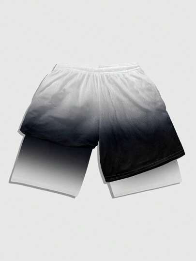 ROMWE MEN Batman X ROMWE بنطلون قصير رجالي كاجوال لفصل الصيف بخط تدرج حرف مطبوع وسحاب لتعديل الخصر للاستخدام في كرة السلة