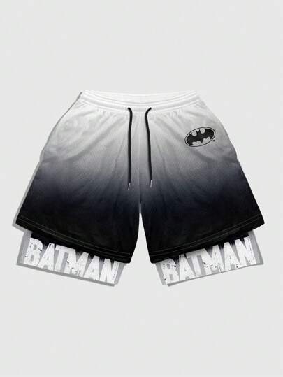 ROMWE MEN Batman X ROMWE بنطلون قصير رجالي كاجوال لفصل الصيف بخط تدرج حرف مطبوع وسحاب لتعديل الخصر للاستخدام في كرة السلة