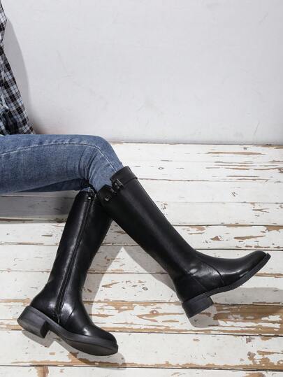 بوت جلدية للسيدات طويلة الساق، ذات طرف مستدير وسحاب، بكعب منخفض، بوت ركوب دافئة وعصرية، تباع بشكل كبير في الخريف والشتاء