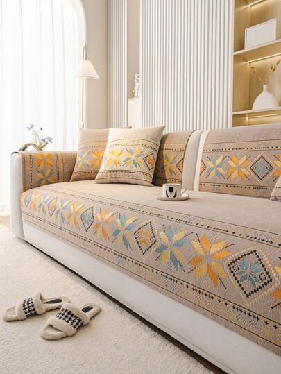 قطعة واحدة من غطاء أريكة بنمط بوهيمي مصنوع من خيوط الشنيل - صديق للحيوانات الأليفة، مضاد للانزلاق، للاستخدام على مدار العام - مناسب لأريكة مقعد واحد إلى 4 مقاعد ، للاستخدام في غرفة النوم والمكتب وغرفة المعيشة، ديكور المنزل