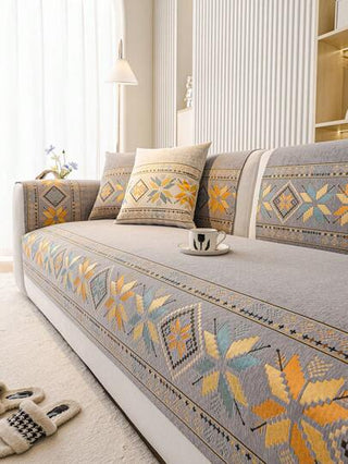 قطعة واحدة من غطاء أريكة بنمط بوهيمي مصنوع من خيوط الشنيل - صديق للحيوانات الأليفة، مضاد للانزلاق، للاستخدام على مدار العام - مناسب لأريكة مقعد واحد إلى 4 مقاعد ، للاستخدام في غرفة النوم والمكتب وغرفة المعيشة، ديكور المنزل