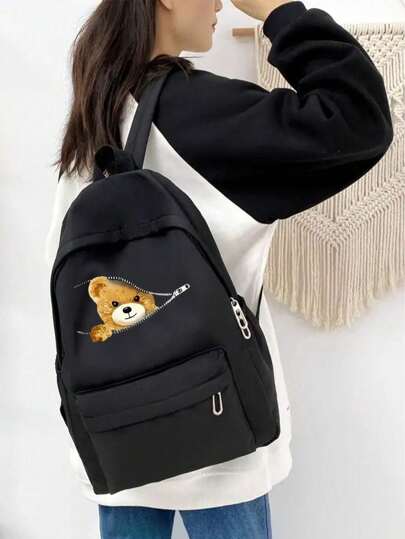 حقيبة ظهر كاجوال كبيرة السعة لحمل الحاسوب من نوع سحاب، بشكل قطة، لرحلات السفر والخارج، رسومات وحروف مطبوعة، عملية وكبيرة السعة، مناسبة للمراهقات وطالبات المرحلة الثانوية والجامعة مع جيوب متعددة