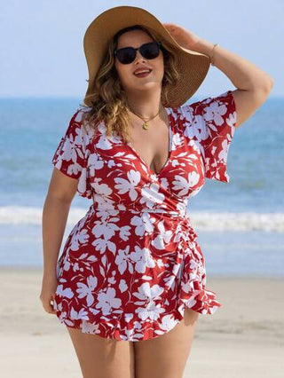 Swim Lushoire 2 قطعة للمرأة ذات الحجم الكبير بطبعة الأزهار تصميم قصير مفتوح مع رباط، بدلة سباحة أنيقة للإجازة البحرية،ملابس سباحة صيفية
