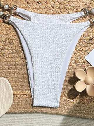 Swim SXY مجموعة بكيني نسائية صيفية أبيضاء بتصميم حوالي الرقبة ، زينة باللؤلؤ ، ملابس شاطئية