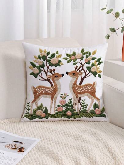 غطاء وسادة مطبوع به رسم الغزال والأزهار والشجرة ، قماش حديث وناعم ، غطاء وسادة مقذوف للأريكة وديكور غرفة المعيشة ، بدون حشوة