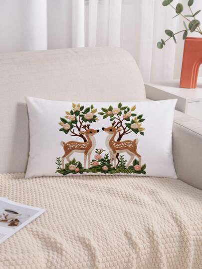 غطاء وسادة مطبوع به رسم الغزال والأزهار والشجرة ، قماش حديث وناعم ، غطاء وسادة مقذوف للأريكة وديكور غرفة المعيشة ، بدون حشوة