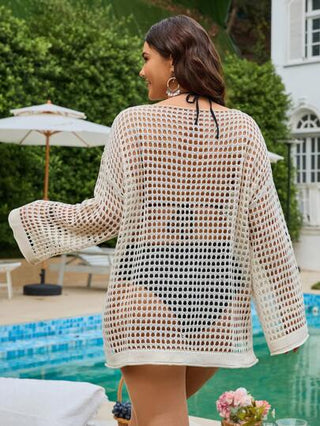 Swim Lushoire غطاء سترة كاجوال بأكمام طويلة وتصميم مفرغ للعطلات مقاس كبير الحجم