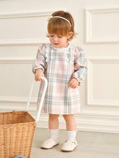 فساتين بيبي Souflis Souflis فستان كاجوال مريح للطفلة باللون الأخضر الزيتوني مع رقع مشكل الياقة، بأكمام طويلة، بطراز كوري مميز للربيع والخريف