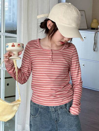 تيشيرتات بناتي DAZY تي شيرت عادي أكمام طويلة بأزرار وفتحة نصفية للفتيات مراهقات، ذو تصميم مخطط، موسم الخريف