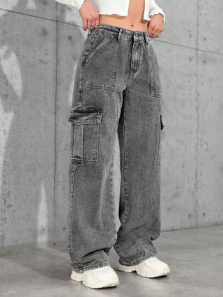 PETITE بنطلون جينز أنيق سهل الارتداء للنساء بتصميم بسيط وجيوب أمامية مع أزرار، مناسب للاستخدام اليومي والراحة
