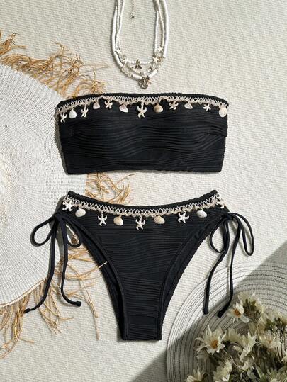 Swim Vcay مجموعة بيكيني شريط محبب ذات لون أحادي بتفاصيل مركبات البحر 2 قطعة/طقم