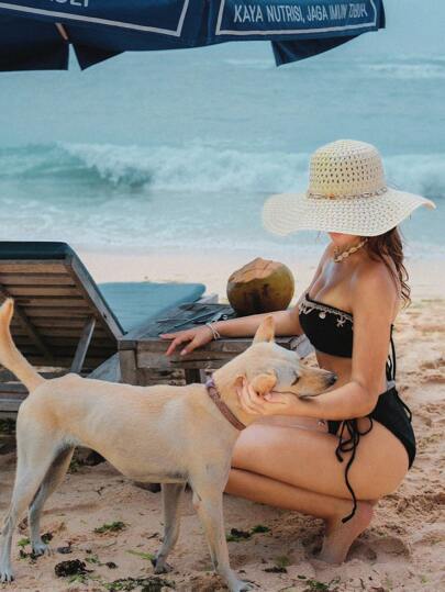 Swim Vcay مجموعة بيكيني شريط محبب ذات لون أحادي بتفاصيل مركبات البحر 2 قطعة/طقم