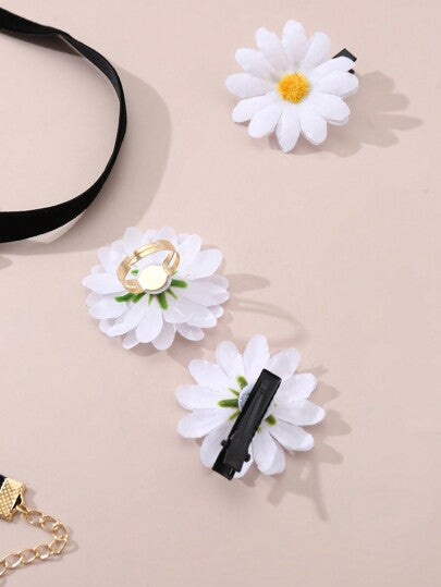 5 قطع/مجموعة مجوهرات بعقد وسوار وخاتم ومشبك شعر زهرة البابونج للبنات