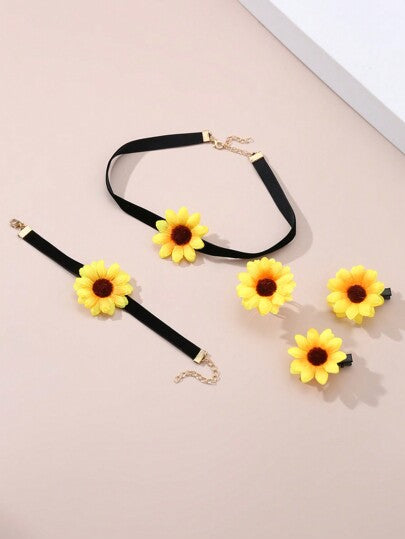 5 قطع/مجموعة مجوهرات بعقد وسوار وخاتم ومشبك شعر زهرة البابونج للبنات