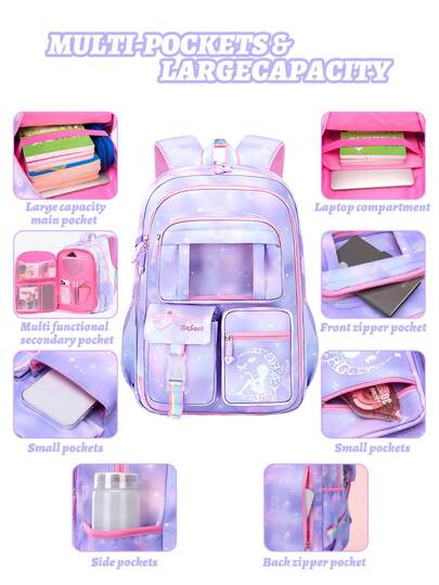 1 حقيبة ظهر "فتاة الحلم"، حقيبة ظهر متعددة الجيوب للأطفال، حقيبة مدرسة جميلة للطالبات، حقيبة سفر خفيفة الوزن، مقاومة للاهتراء مزودة بجيب شفاف أمامي وجيب مضاد للسرقة، هدية عيد ميلاد مثالية للبنات من الصف الأول إلى السادس