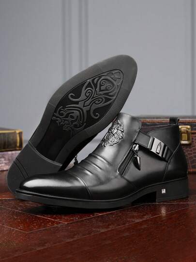 بوت الكاحل للرجال، تصميم مذهب بالنقش على شكل أسد، مزينة بسوستة وإبزيم، بوت رسمية للأعمال والملابس الكاجوال