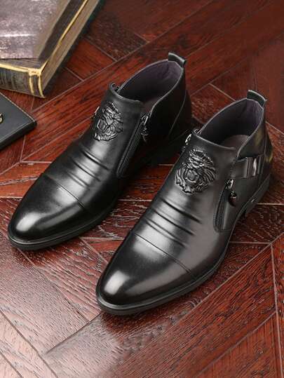 بوت الكاحل للرجال، تصميم مذهب بالنقش على شكل أسد، مزينة بسوستة وإبزيم، بوت رسمية للأعمال والملابس الكاجوال