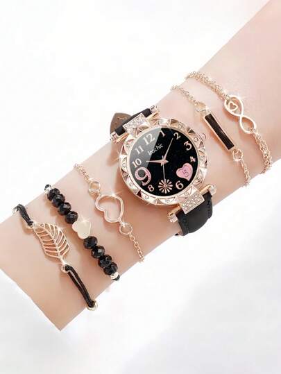 مجموعة ساعات وسوار 6/5 قطعة، تتضمن: 6 ساعات بسوار جلدي ووقرص من كوارتز وأنماط نجمية، و5 أساور بشخصيات قلب وأشكال هندسية وأوراق ، مناسبة لارتداء اليومي والمناسبات الرسمية والأعياد كهالوين وعيد الميلاد