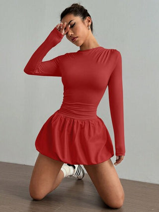 Flirla فستان بلوزون أنيق بلون أحادي، بياقة مستديرة وأكمام طويلة للسيدات